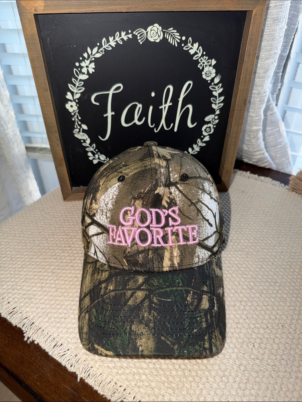 Camouflage 'GOD'S FAVORITE' Pink Embroidered Baseball Cap